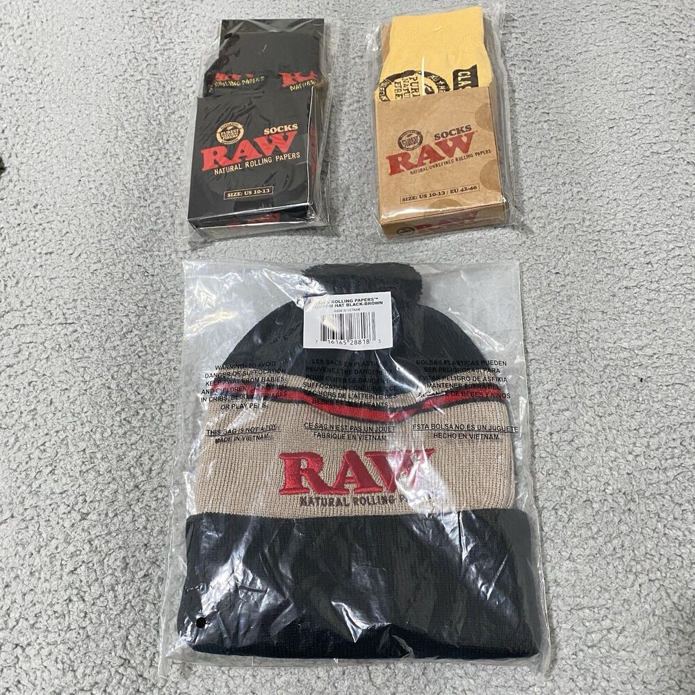 RAW Rolling Papers Knit Beanie Hat & 2 Socks Black Yellow Mens Size 10 - 13 NEW